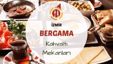 İzmir Bergama kahvaltı mekanlarını gösteren tarihi dokuya sahip taş avluda kurulmuş serpme kahvaltı masası görseli